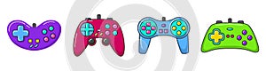 Vector game controller gamepad icons set. Multicolored joysticks elements flat style isolated on white background. Retro