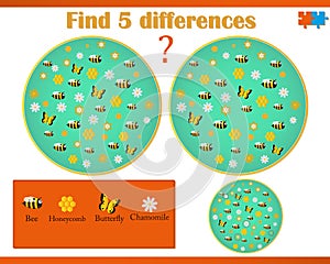 Find difference on a vector image with bees and flowers photo