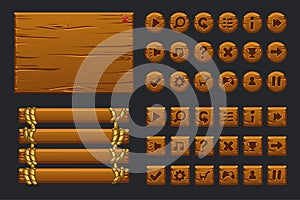 Vector game ui big kit. Template wooden menu of graphical user interface GUI and buttons to build 2D games.