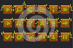 Vector game ui kit. Set of wooden square buttons for graphical user interface GUI and 2D games.
