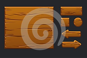 Vector game ui kit. Template wooden menu of graphical user interface GUI and buttons to build 2D games