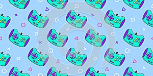 Vector gamer seamless pattern. Gamepad controller on blue background. Gaming joysticks icons in doodle style. Wallpaper