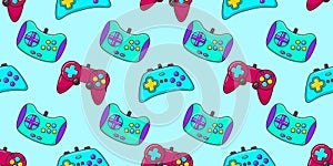 Vector gamer seamless pattern. Gamepad controller on blue background. Gaming joysticks icons in doodle style. Wallpaper