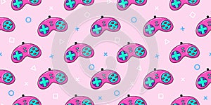 Vector gamer seamless pattern. Gamepad controller on pink background. Gaming joysticks icons in doodle style. Wallpaper