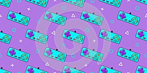 Vector gamer seamless pattern. Gamepad controller on violet background. Gaming joysticks icons in doodle style