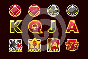 Vector Gaming icons of card symbols for slot machines and a lottery or casino in black-red colors. Game casino, slot, UI