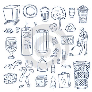 Vector garbage doodle elements set. Waste recycling objects. Trash can types, plastic, bottles, garbage truck, janitor