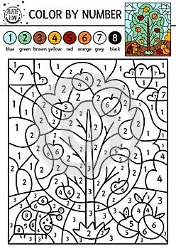 Vector garden color by number activity with apple tree and ladybug in the field. Autumn holiday counting game with cute ladybird