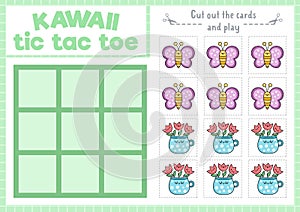 Vector garden tic tac toe chart with batterfly and tulips in pot. Easter kawaii board game playing field with cute characters.