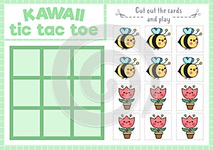 Vector garden tic tac toe chart with bee and tulip in pot. Easter kawaii board game playing field with cute characters. Funny