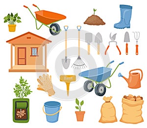Vector garden tools set isolated on white. Gardening elements in flat cartoon style - shovel, rake, watering can, pail