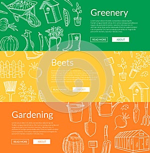 Vector gardening doodle icons horizontal web banners illustration