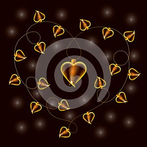 Vector garland of glowing heart shape on black background.