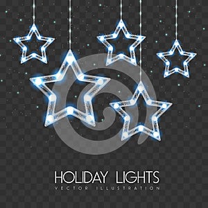 Vector garlang with blue lamps on transparent background. Glowing star shape. Holiday string of lights