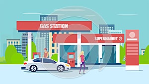 Vector of gas station, supermarket, fueling car