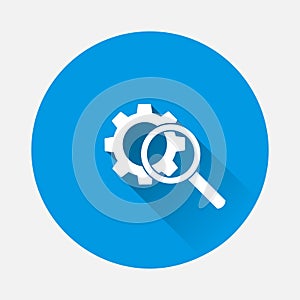 Vector gear tool search magnifier icon on blue background. Flat image with long shadow