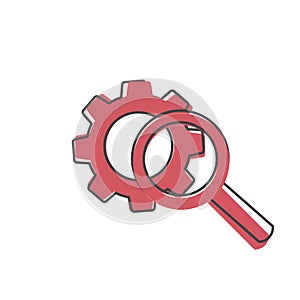 Vector gear tool search magnifier icon on cartoon style on white isolated background