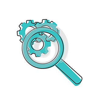 Vector gear tool search magnifier icon on cartoon style on white isolated background