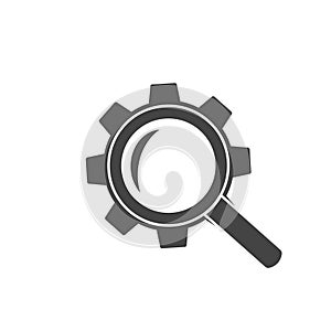 Vector gear tool search magnifier icon on white isolated background