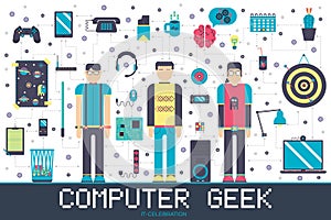 Vector it geeks people icons illustrations set. Flat office professional developer around workplace echnology concept.