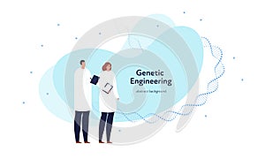 Vector genetic character banner template. Blue shape, gene dna spiral and medical scientist team on white background. Design