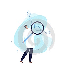 Vector genetic engineering banner template. Scientist man studying blue dna spiral with giant magnifier on white background.