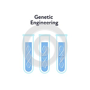 Vector genetic engineering banner template. Three blue color testing tubes symbolising change of dna on white background. Design