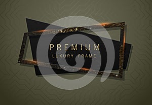 Vector geometric black banner with sparkling golden sequins frame. Premium label design for logo