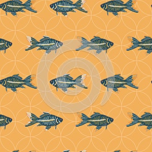 Vector geometric hand drawn gold fishes seamless pattern print background.