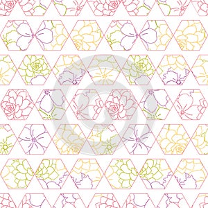 Vector geometric hexagon tile seamless pattern with yellow and purple floral background
