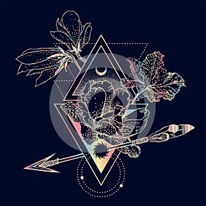 Vector geometric hologram alchemy symbol with flowers, moon, sun