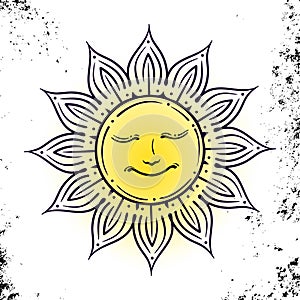 Vector geometric illustration of medieval sun. Alchemy symbol with eyes and face. Abstract occult and mystic sign