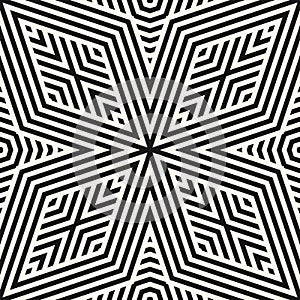 Vector geometric lines seamless pattern. Black and white graphic texture with stripes, diagonal lines, rhombuses, repeat tiles.