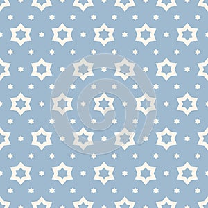 Vector geometric minimal seamless pattern with small stars. Light blue and white