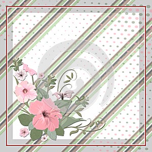 Vector geometric pattern, diagonal stripe with pink flower of hibiscus in pastel shades a of on a white-gray background,