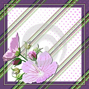 Vector geometric pattern, diagonal stripe with pink flowers close-up a of on a white-violet background, for fabric design, tile,