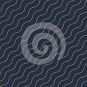 Vector geometric seamless diagonal wavy pattern - goldish striped rich texture. Stylish blue background