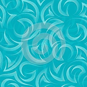 Vector geometric seamless linear texture of corners and circles. Bright turquoise pattern of graceful lines.