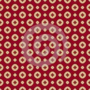 Vector geometric seamless pattern with circles and flowers. Red and gold texture