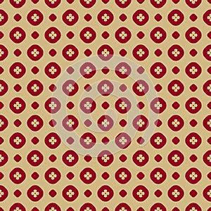 Vector geometric seamless pattern with circles and flowers. Red and gold texture