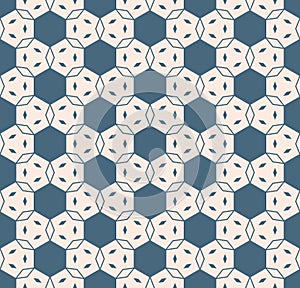 Vector minimal geometric seamless pattern with hexagons, grid. Blue and beige