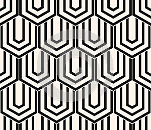 Vector geometric seamless pattern with hexagons, lines. Black and white texture