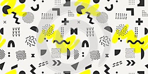 Vector geometric seamless pattern with yellow brush strokes. Hipster Memphis style