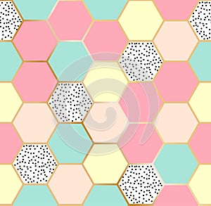 Vector geometric seamless repeating pattern with hexagonal honey comb shapes in pastel colors in golden structure