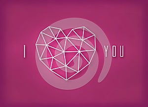 Vector geometric silver heart made of triangle grid on pink background.