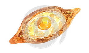 Vector Georgian food Adjara khachapuri. Pastry with egg and cheese. Hand drawn watercolor food illustration. Isolated on