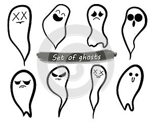Vector Ghosts doodle set Set of cloth Ghosts Flying Phantoms Halloween scary ghostly monsters