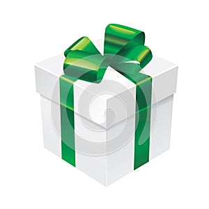 Vector gift box with silk green ibbon and bow