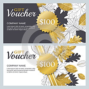 Vector gift or discount voucher template with 3d style gold and outline autumn leaves. Golden holiday cards set.