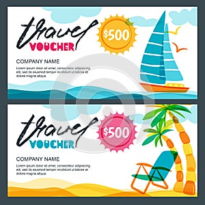 Vector gift travel voucher template. Concept for summer vacation and travel agency. Tropical island, yacht and palms.